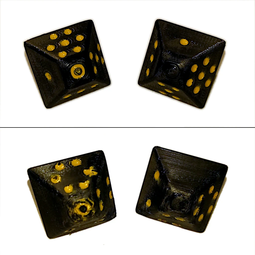 Tidied up and paninted filament-printed dice.